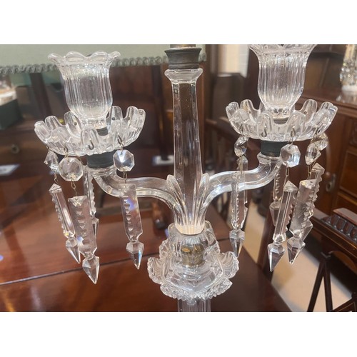 489 - A pair of glass table candelabra; glassware