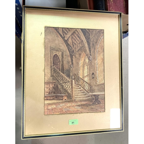 41 - A 19th century watercolour, staircase in a great hall, framed and glazed and other watercolours and ... 