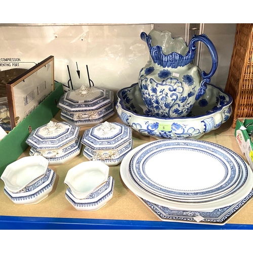 5 - A reproduction blue and white jug and bowl set, a selection of blue and white ceramics etc 