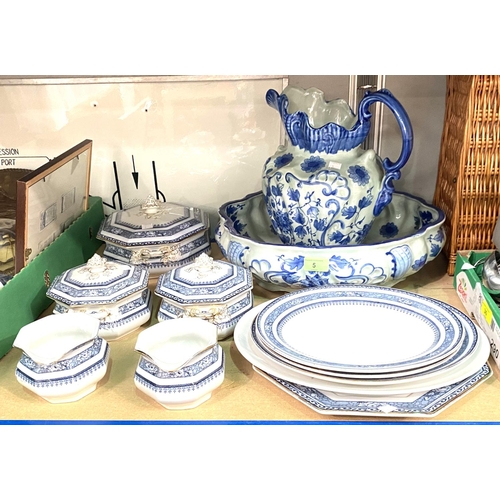 5 - A reproduction blue and white jug and bowl set, a selection of blue and white ceramics etc 