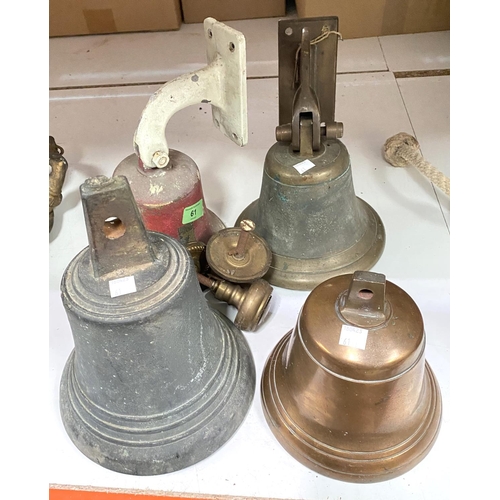 61 - 4 brass/bronze bells dia. 16cm, 17cm and 2 x 20cm, 2 with wall brackets etc