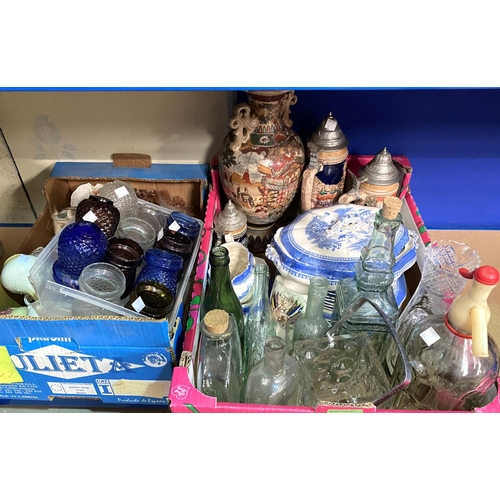 64 - 3 steins, a satsuma vase; old bottles,  china and glass including 11 Victorian night light holdersNo... 