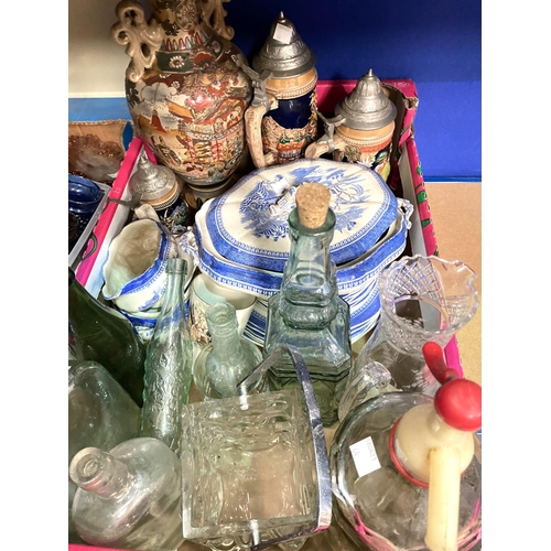 64 - 3 steins, a satsuma vase; old bottles,  china and glass including 11 Victorian night light holdersNo... 