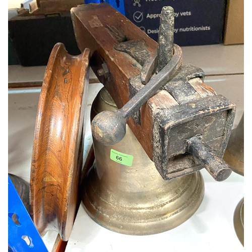 66 - A large brass bell on hanging bracket, dia. 25.5cm