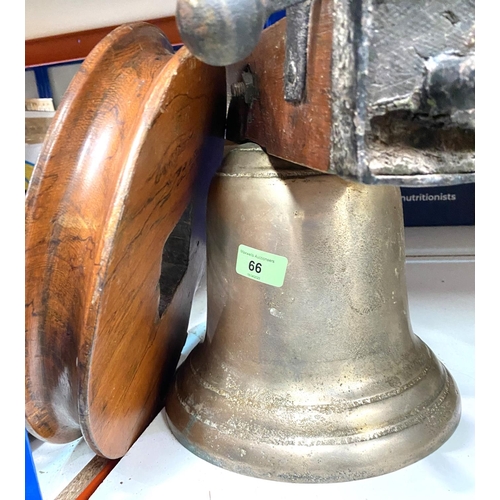 66 - A large brass bell on hanging bracket, dia. 25.5cm