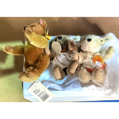 27 - Three Steiff Teddy bears, a Goebel teddy, height 17cm, two Archie Steiff bears light and darker fur