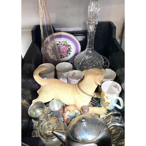 27B - A Leonardo resin figure of a Labrador, Hammersley commemorative cups, a silver plated tray and other... 