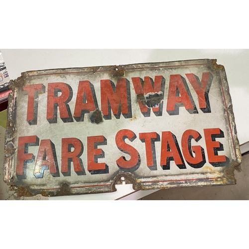 189A - Two vintage enamel signs 'Tramway Fare Stage' and 'All Downward cars stop here' and a painted mirror... 