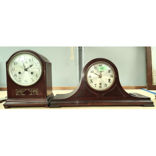 192 - A mantel clock with Westminster chime in mahogany case; a mantel clock with strike in arch top case