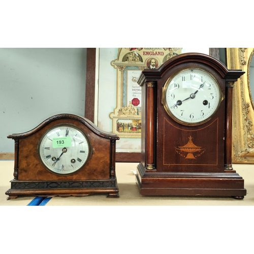 193 - A 1930's walnut cased mantel clock with strike; an  Edwardian mantel clock with strike in inlai... 