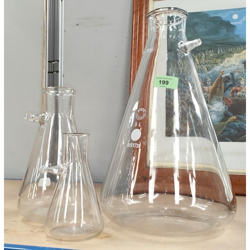 199 - A set of three graduating conical glass science beakers, largest ht. 38cm