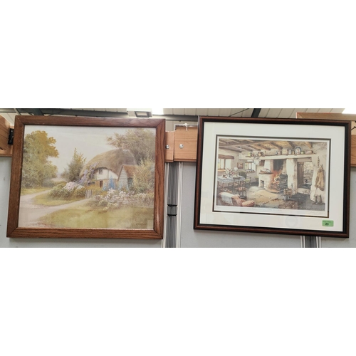 23 - R.D. Carson: thatched cottage, signed in wood frame, 37 x 41cm; Judy Boyes: 'Old Farm Kitchen' limit... 