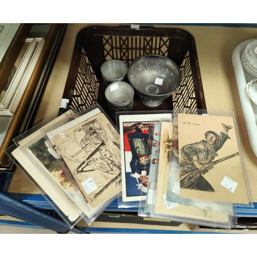 30A - A selection of military postcards; 2 pewter cups; an EPBM bowl