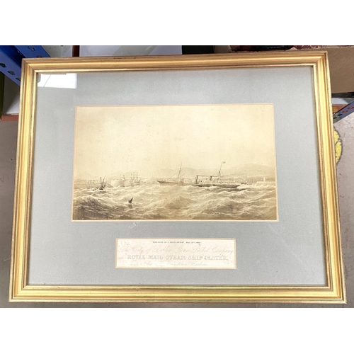 33 - A 19th century monochrome print, Royal Mail Paddle steamer at sea; and other pictures and prints