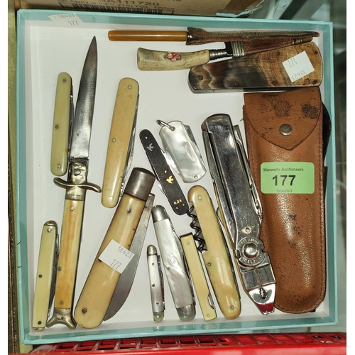 177 - A collection of pocket knives inc. bone and mother of pearl examples, fleam, early scalpel/lancet an... 