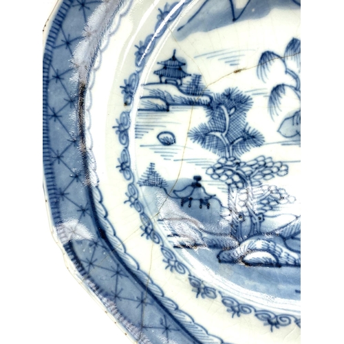 418 - A pair of Chinese 19th century blue and white octagonal plates with traditional decoration, diameter... 