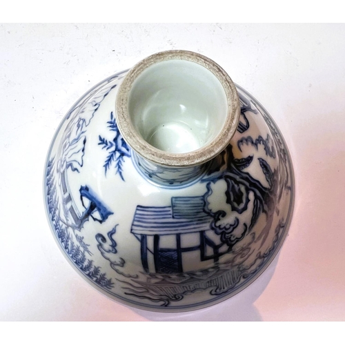 427 - A large Chinese blue and white stem cup with traditional decoration, domestic scene trees plants etc... 