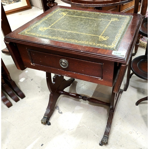 889 - A reproduction drop end sofa table with green leather insert, a similar wine table, other tables etc