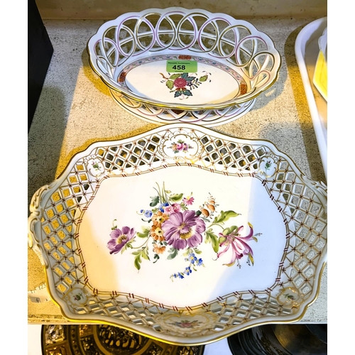 497 - A Herend hand painted pierced bordered dish with floral decoration and a similar Dresden dish