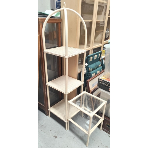 898 - A 3 piece in cream painted woven cane and bamboo effect; A mahogany 2 height shelf unit, wall mounte... 