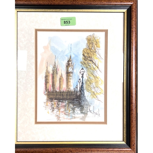 803 - Ben Maile: Pen and watercolour of Big Ben and Parliament, signed 22.5 x 17cm framed and glazed; Ben ... 