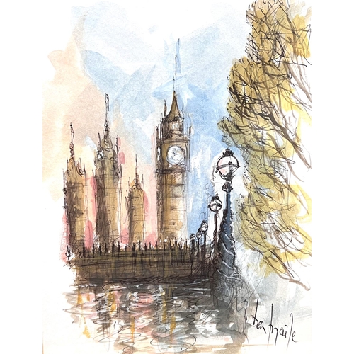 803 - Ben Maile: Pen and watercolour of Big Ben and Parliament, signed 22.5 x 17cm framed and glazed; Ben ... 