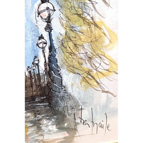 803 - Ben Maile: Pen and watercolour of Big Ben and Parliament, signed 22.5 x 17cm framed and glazed; Ben ... 