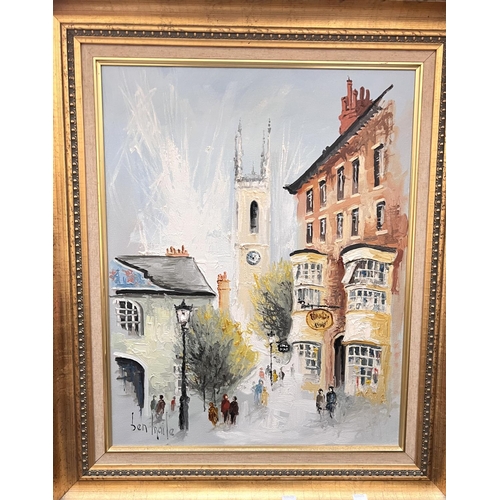 804 - Ben Maile: Oil on canvas with clock tower in the background, signed, gilt framed 49x39cm