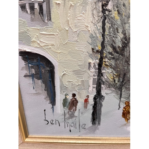 804 - Ben Maile: Oil on canvas with clock tower in the background, signed, gilt framed 49x39cm