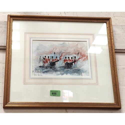 805 - Ben Maile: 'Red Tunics, Red Smoke' military watercolour, red coats firing two cannons, signed and ti... 