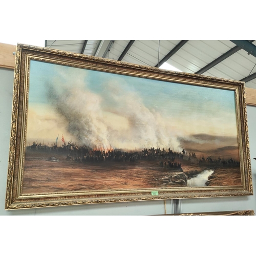 806 - Mike Nance: large military oil on canvas, soldiers on battle field with fires and smoke with flags w... 