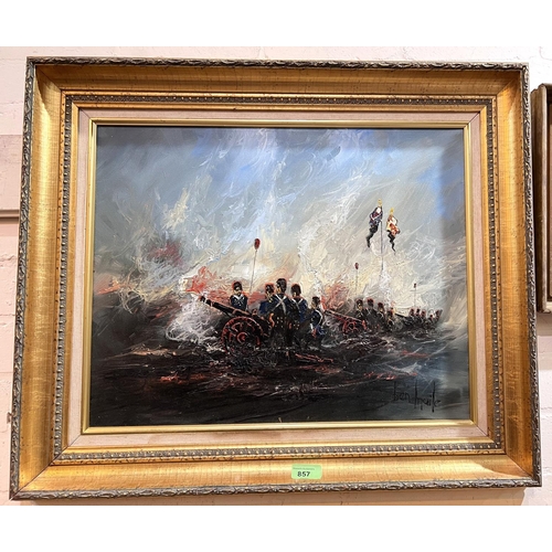 807 - Ben Maile: An atmospheric Napoleonic Military oil on canvas cannon squads of blue coated soldiers wi... 