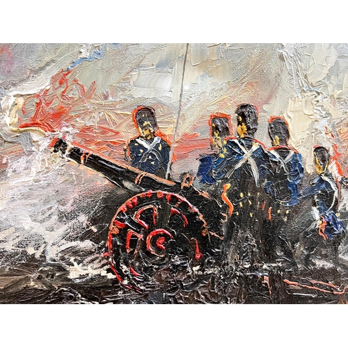 807 - Ben Maile: An atmospheric Napoleonic Military oil on canvas cannon squads of blue coated soldiers wi... 