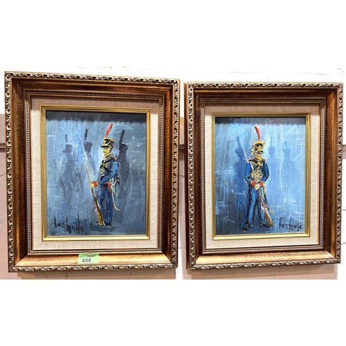 808 - Ben Maile: A pair of Military oil paintings on canvas of Napoleonic era French Marine soldiers, sign... 