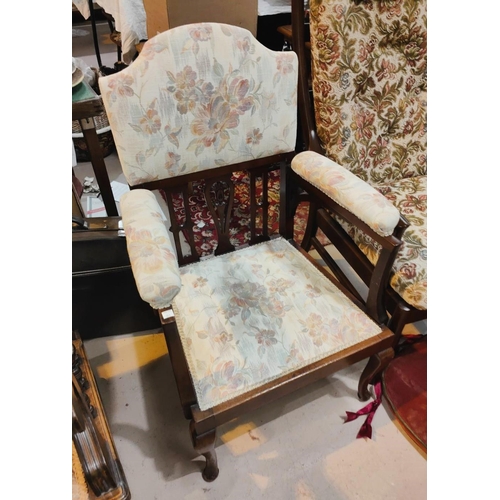 887 - An Edwardian mahogany armchair in floral fabric, plus 2 bedroom chairs