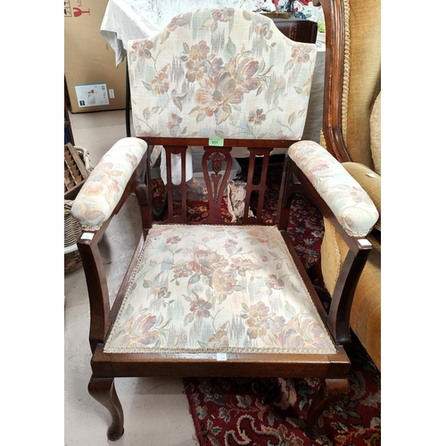 887 - An Edwardian mahogany armchair in floral fabric, plus 2 bedroom chairs