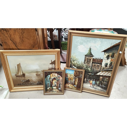 797 - Bernard: oil on canvas of Parisian street scene, gilt framed; another seascape and a smaller pa... 