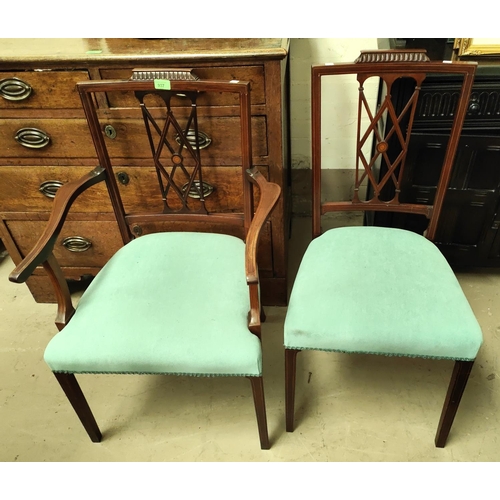 884 - An Edwardian set of 4 (2 + 2) inlaid mahogany dining chairs with turquoise seats and square tapering... 