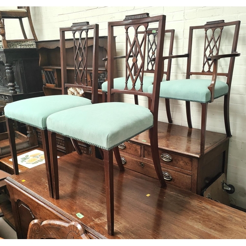 884 - An Edwardian set of 4 (2 + 2) inlaid mahogany dining chairs with turquoise seats and square tapering... 