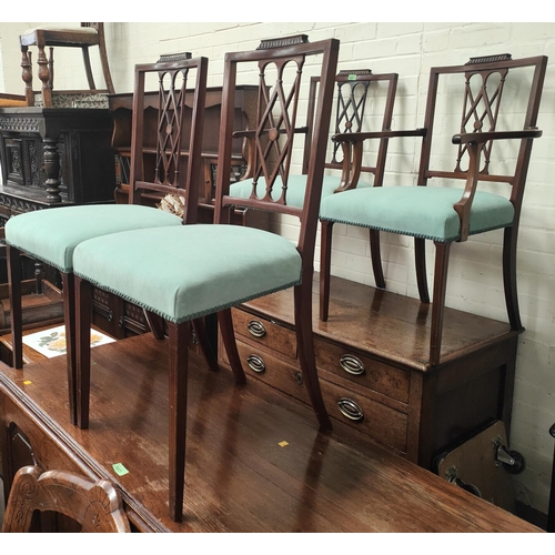 884 - An Edwardian set of 4 (2 + 2) inlaid mahogany dining chairs with turquoise seats and square tapering... 