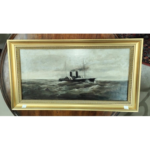 794 - 19th century funnel paddle steamer at sea, oil on canvas, unsigned, 24 x 49cm framed 23 x 48cm