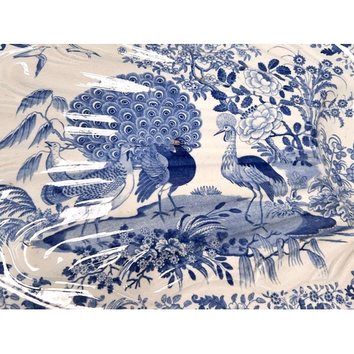 539 - An early 19th century blue transfer decorated meat platter with peacock and other exotic birds, 52cm... 