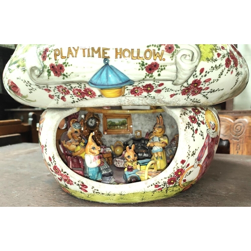 543A - Playtime Hollow:  a cottage nursery lamp, hand enamelled decoration by the Fowler Pottery, London, h... 