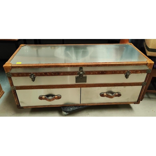 905 - A Timothy Oulton style designer 'steamer trunk' long low chest of brushed steel with tan leather bin... 