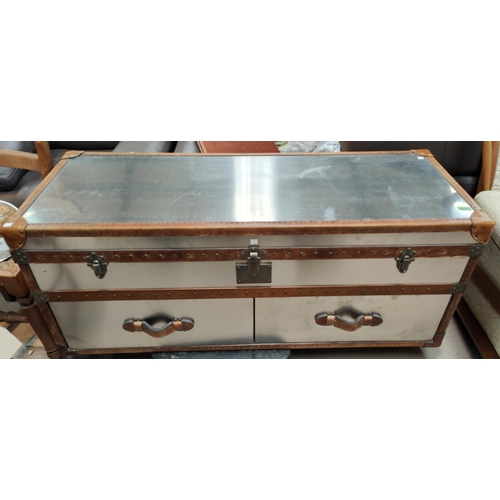 905 - A Timothy Oulton style designer 'steamer trunk' long low chest of brushed steel with tan leather bin... 