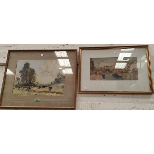 21 - A pair of watercolours depicting Venetian scenes, signed indistinctly 18 x 35 framed and glazed and ... 