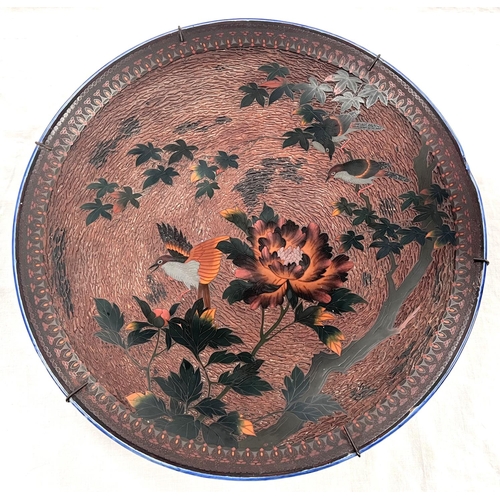 350 - A 19th century large Japanese charger with cloisonne and bark effect centre with birds and chrysanth... 