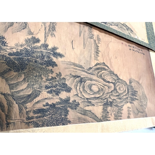 351 - 2 Chinese scroll paintings on silk 19th century or later both depicting traditional mountain scene b... 