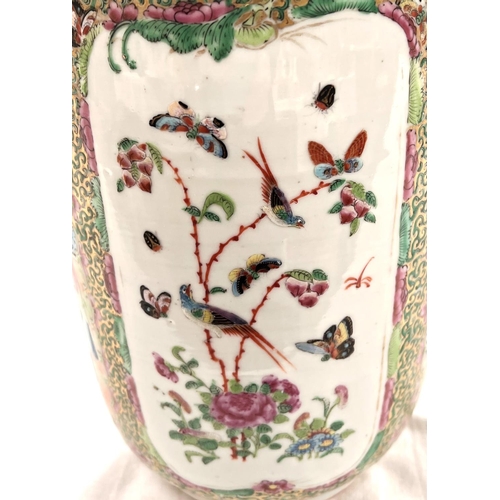 352 - A 19th century Chinese famille rose Rullo vase with polychrome panels depicting traditional scenes o... 