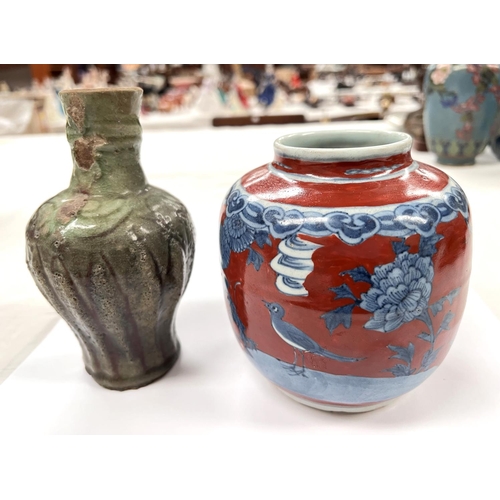 378 - A Chinese squat vase with red and blue decoration height 22cm and an Asian stoneware vase with green... 